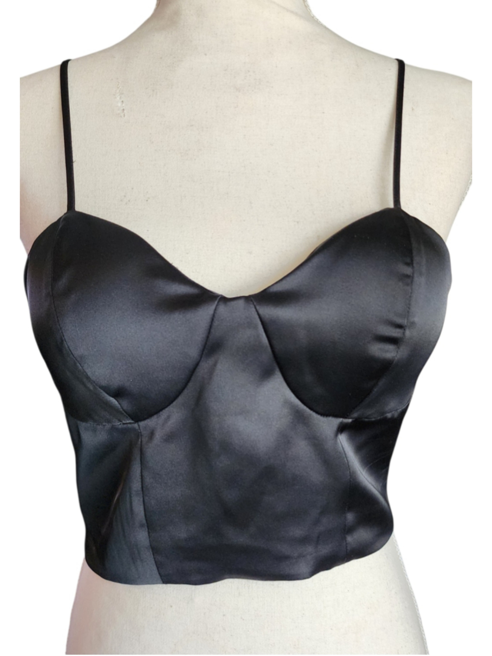 Sincerely Jules Black Satin Crop Top L NWT Ruched Back Bustier Cami Spaghetti